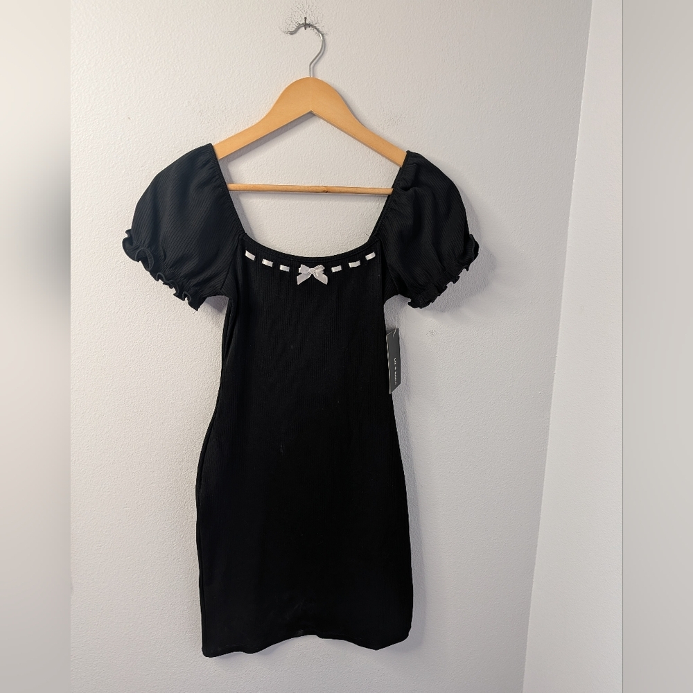 NWT Liz & Sara Black Puff Sleeve Bow Mini Dress Top Size S Coquette Balletcore